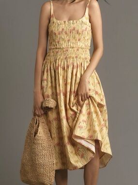Hutch Yellow Floral Smocked Midi Dress